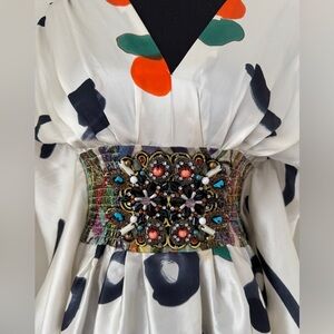 Meghan LA Abstract White Blouse with Embellished Belt